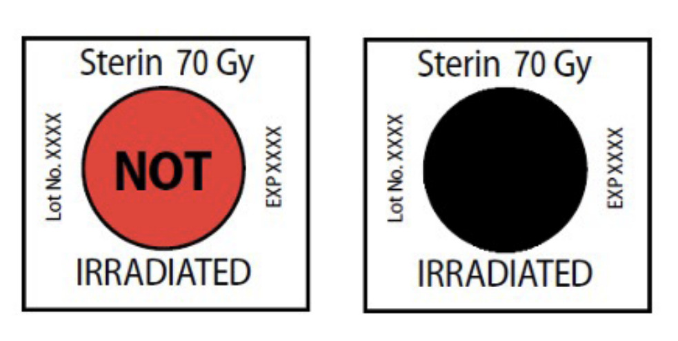 Image of the Sterin insect irradiation indicator, the left square reads: Not Irradiated and the right square reads: Irradiated