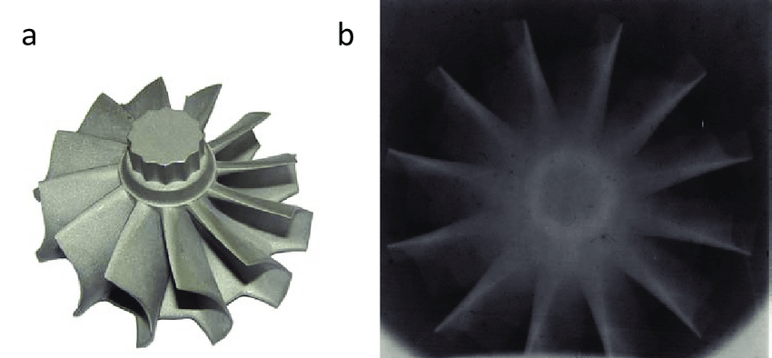 A turbine wheel and its radiograph obtained with the self-developing film